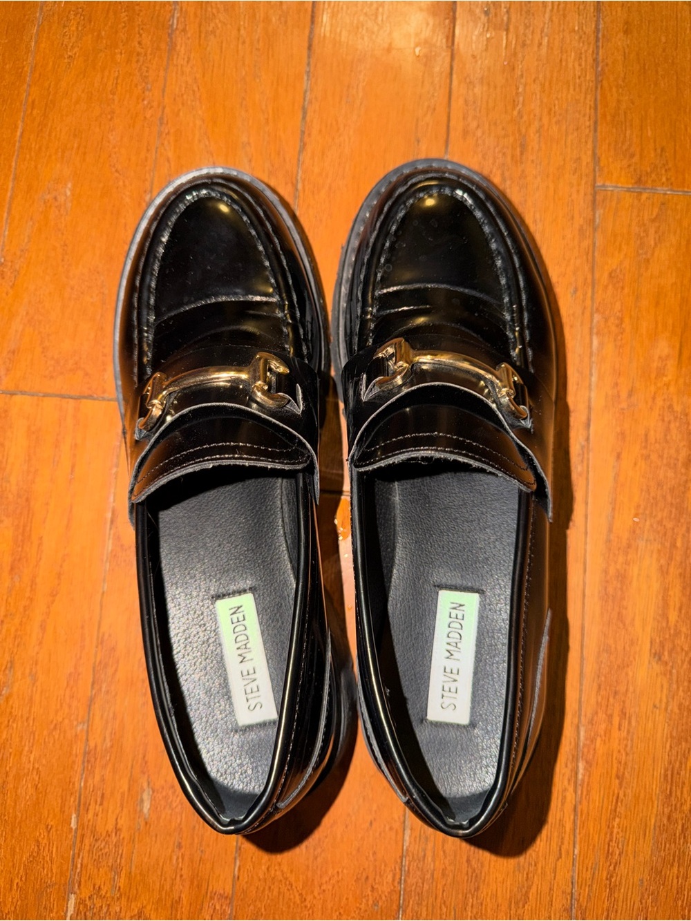 Steve Madden Black Patent Loafers with Gold Hardware